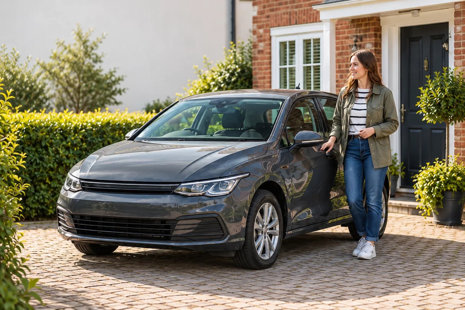 A car parked on a driveway outside a house, its owner standing beside it.