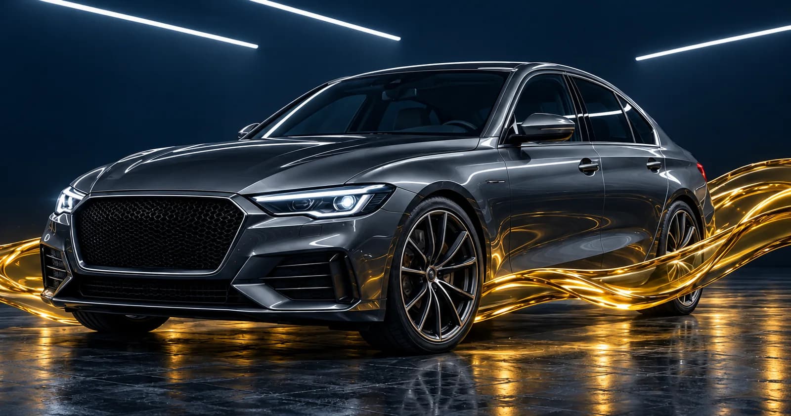 A grey saloon in a dark studio, a ribbon of golden oil sweeping along its flank.